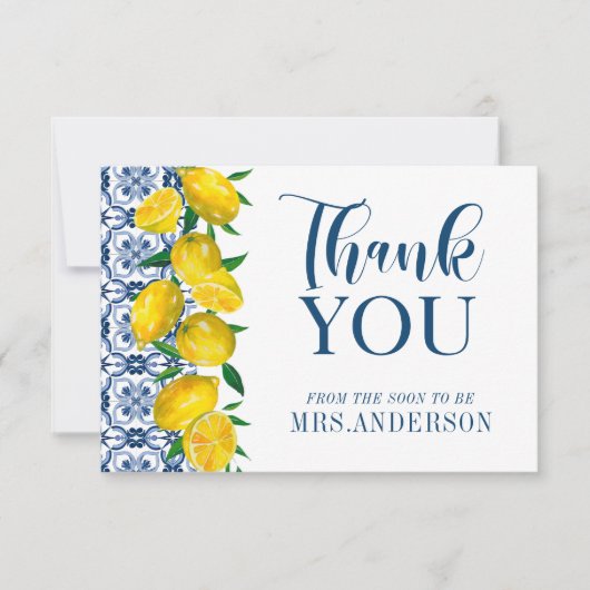Blue Italian Tile Lemon Brautparty Danke (Vorderseite)