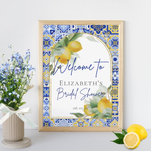 Blue Italian Tiles Arch Citrus Lemons Willkommen Poster