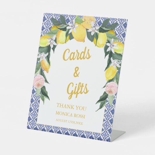 Blue Italian Tiles Lemon Brautparty Cards Geschenk Sockelschild (Vorderseite)