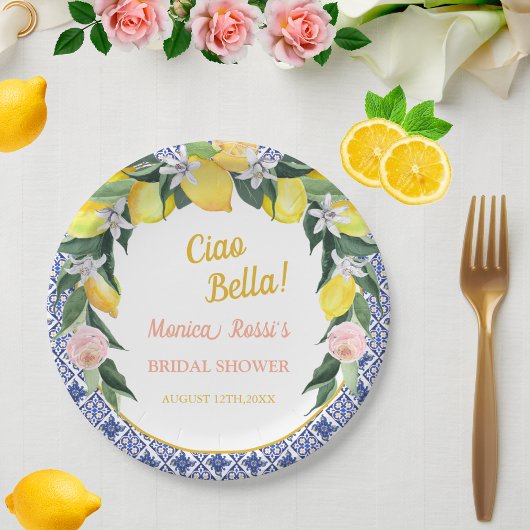 Blue Italian Tiles Lemon Ciao Bella Brautparty Pappteller