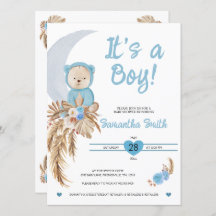 Blue It's a Boy Boho Bear Moon Baby Shower