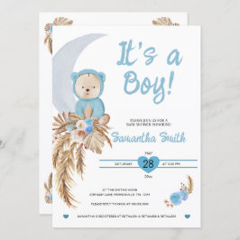 Blue It's a Boy Boho Bear Moon Baby Shower Einladung