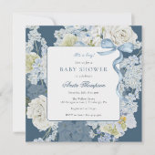Blue It's a Boy Floral Bow Baby Shower Einladung (Vorderseite)
