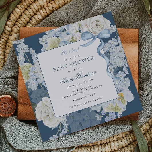 Blue It's a Boy Floral Bow Baby Shower Einladung