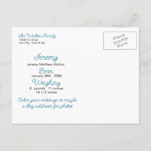 Blue It's a Boy New Baby Ankündigung (Rückseite)