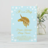Blue It's a Boy Unicorn Winter Baby Shower Einladung (Stehend Vorderseite)