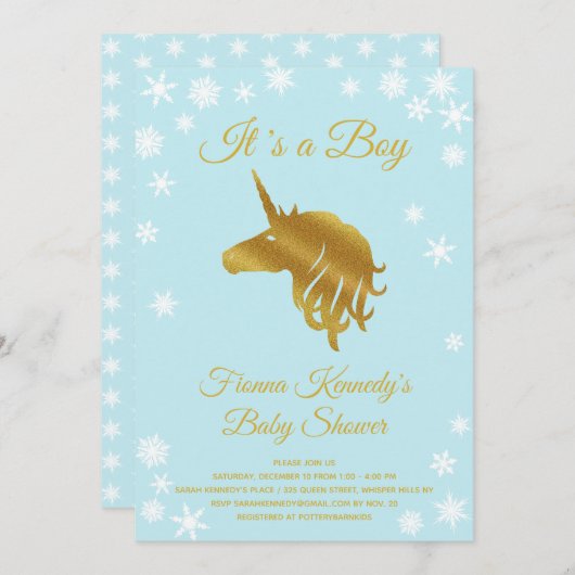 Blue It's a Boy Unicorn Winter Baby Shower Einladung (Vorne/Hinten)