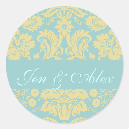 Blue Ivory Bride Groom Damask Wedding Siegel Runder Aufkleber (Vorderseite)