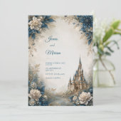 Blue Ivory Castle Hochzeit Einladung (Stehend Vorderseite)