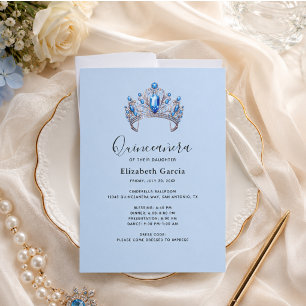 Blue & Ivory Floral Quinceñera Einladung