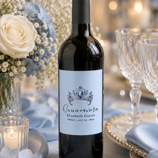 Blue & Ivory Floral Quinceñera Weinetikett