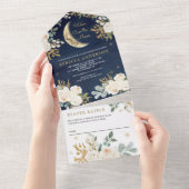 Blue Ivory Gold Floral Boho Moon Babydusche All In One Einladung (Abreißen)
