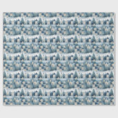 Blue & Ivory Winter Village Scene Geschenkpapier (Flach)