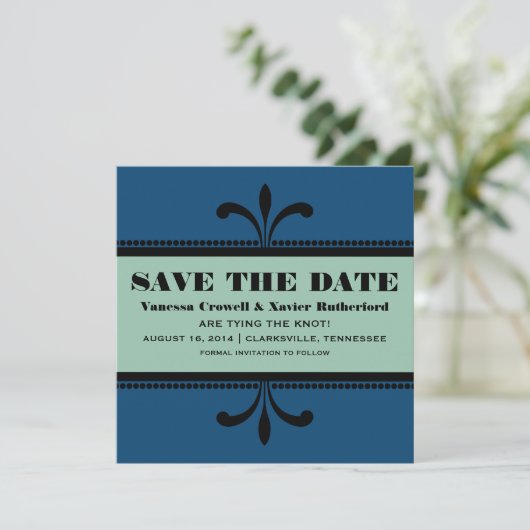 Blue/Jade Extravagant Art Deco Save the Date laden (Stehend Vorderseite)