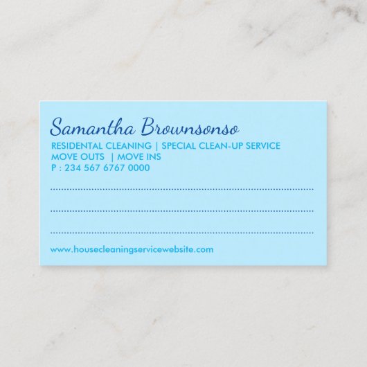 Blue Janitorial Lady Girl Cleaning Termin Visitenkarte (Rückseite)
