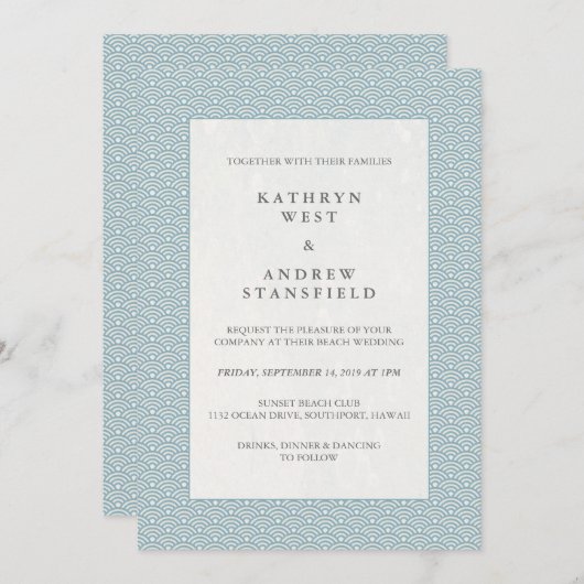 Blue Japanese Seigaiha Wave Pattern Wedding Einladung (Vorne/Hinten)