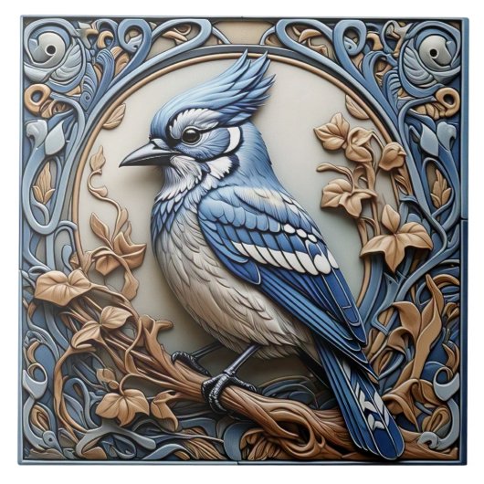 Blue Jay - Art Nouveau Keramik Tile Fliese (Vorderseite)