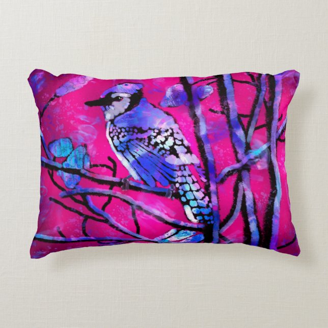 Blue Jay auf Baumzweigen Abstrakt Art Pink Dekokissen (Vorderseite)