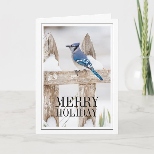 Blue Jay auf Snowy Fence Feiertagskarte (Vorderseite)