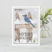 Blue Jay auf Snowy Fence Feiertagskarte (Stehend Vorderseite)
