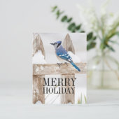 Blue Jay auf Snowy Fence Feiertagspostkarte (Stehend Vorderseite)