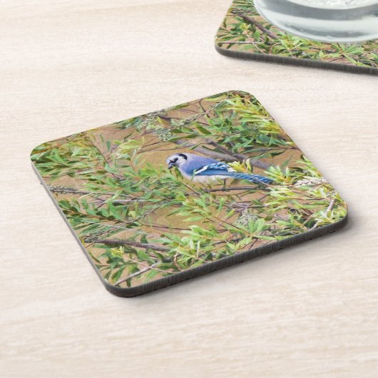 Blue Jay auf Wax Myrtle Getränkeuntersetzer (Linke Seite)
