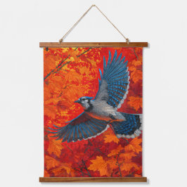 Blue Jay Autumn Leaves Nature Tapestry Wandteppich Mit Holzrahmen