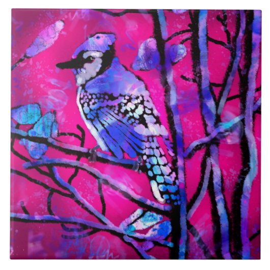 Blue Jay Bird auf Baumzweig Rosa Abstrakte Kunst Fliese (Vorderseite)