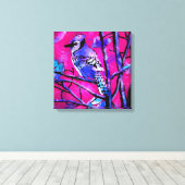 Blue Jay Bird auf Baumzweig Rosa Abstrakte Kunst Leinwanddruck (Insitu (Holzboden))
