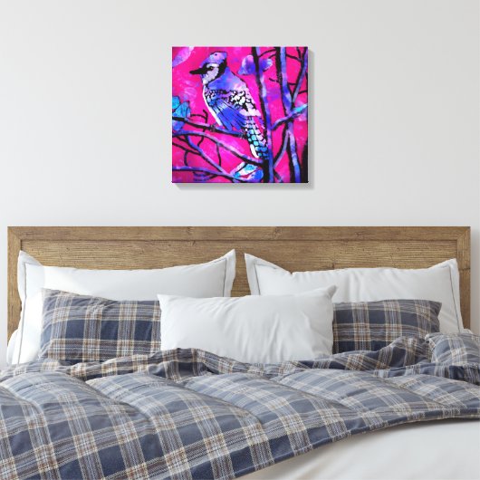 Blue Jay Bird auf Baumzweig Rosa Abstrakte Kunst Leinwanddruck (Insitu (Schlafzimmer))