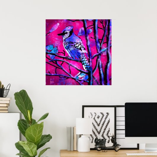 Blue Jay Bird auf Baumzweig Rosa Abstrakte Kunst Poster (Heimbüro)