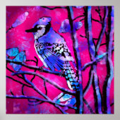 Blue Jay Bird auf Baumzweig Rosa Abstrakte Kunst Poster (Vorne)