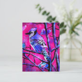 Blue Jay Bird auf Baumzweig Rosa Abstrakte Kunst Postkarte (Stehend Vorderseite)