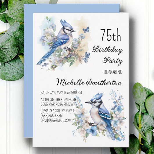 Blue Jay Bird Blume Springtime 75. Geburtstag Einladung
