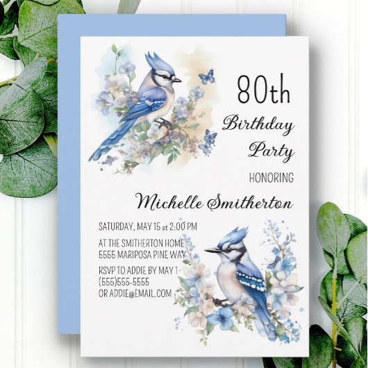 Blue Jay Bird Blume Springtime 80. Geburtstag Einladung