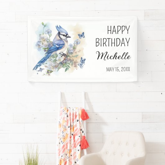 Blue Jay Bird Blume Springtime Geburtsname Banner (Insitu)