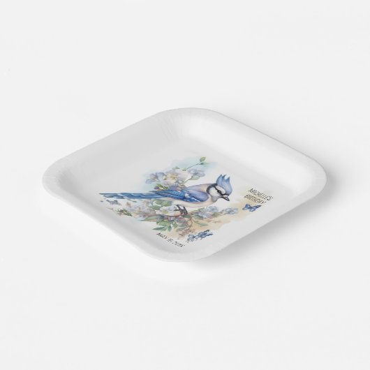 Blue Jay Bird Blume Springtime Geburtsname Pappteller (Gewinkelt)