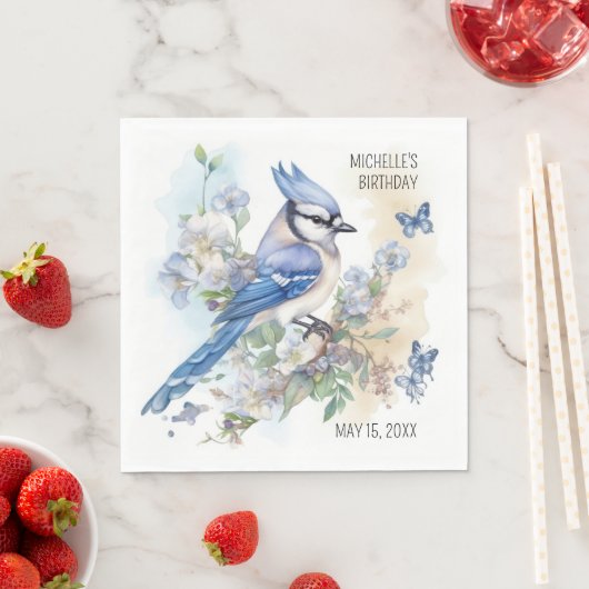 Blue Jay Bird Blume Springtime Geburtsname Serviette (Beispiel)