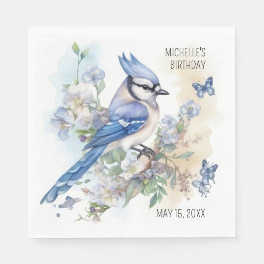 Blue Jay Bird Blume Springtime Geburtsname Serviette (Vorderseite)