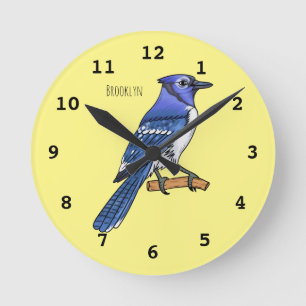 Blue jay bird cartoon illustration runde wanduhr