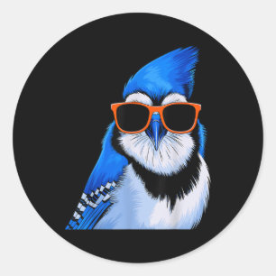 Blue Jay Bird mit Sungles Vogelbeobachtung Runder Aufkleber