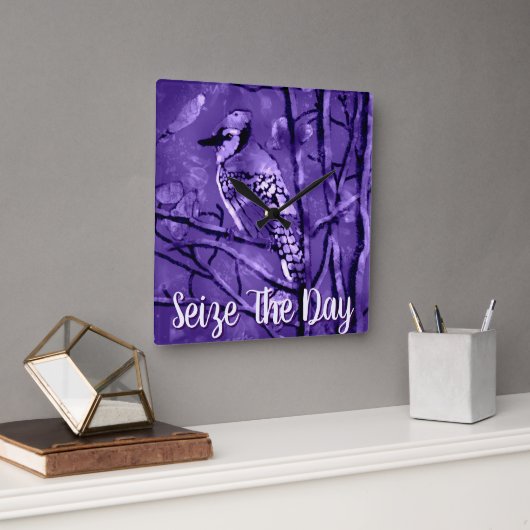 Blue Jay Bird Purple Abstract Art Personalized Quadratische Wanduhr (Büro)