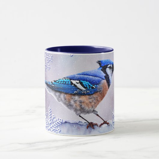 Blue Jay Bird Snowflake Winter Tasse (Zentrum)