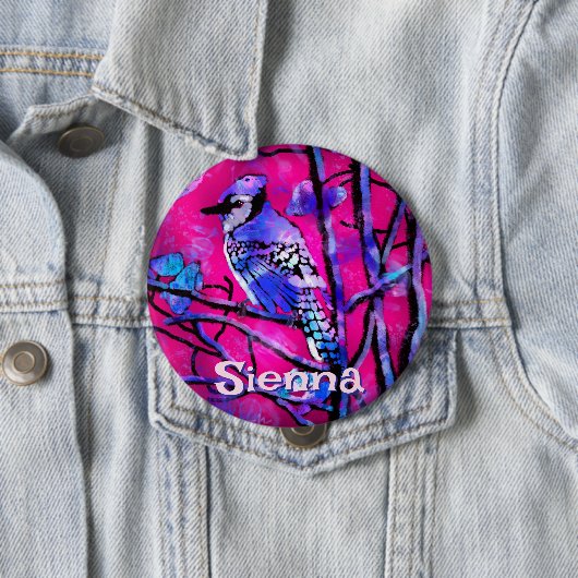 Blue Jay Bird Tree Branch Pink Personalized  Button (Beispiel)