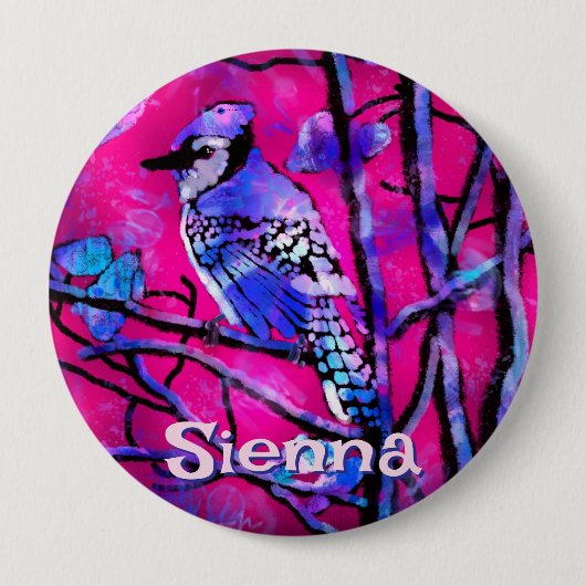 Blue Jay Bird Tree Branch Pink Personalized  Button (Vorderseite)