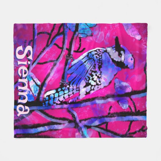 Blue Jay Bird Tree Branch Pink Personalized  Fleecedecke (Vorderseite (Horizontal))