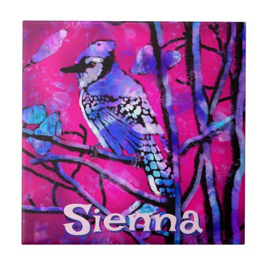 Blue Jay Bird Tree Branch Pink Personalized  Fliese (Vorderseite)