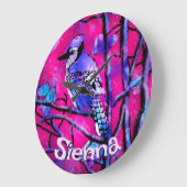 Blue Jay Bird Tree Branch Pink Personalized  Große Wanduhr (Winkel)