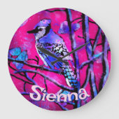 Blue Jay Bird Tree Branch Pink Personalized  Große Wanduhr (Vorderseite)