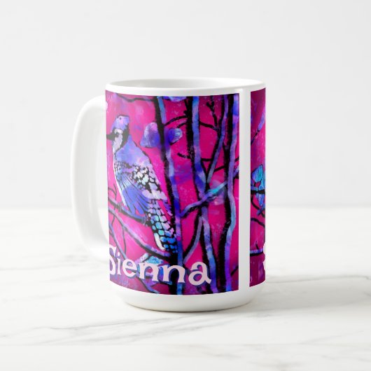 Blue Jay Bird Tree Branch Pink Personalized  Kaffeetasse (Vorderseite Links)